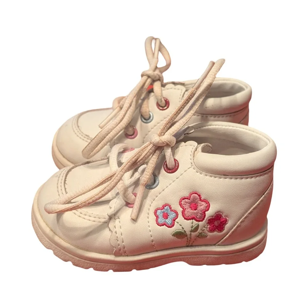 Y2K Baby Smart White Floral Embroidered High Top First Walker Shoes Pink Size 3‎